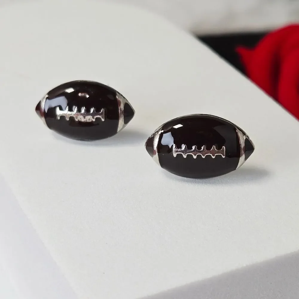 Football Stud Earrings Brown Enamel Silver Sports Studs Team Spirit Fan Jewelry